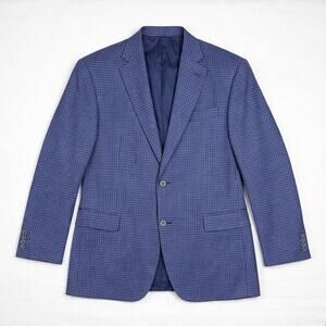 Spurr NY 46L Blue Micro Gingham Check Tailored Wool Blazer Double Vent Modern